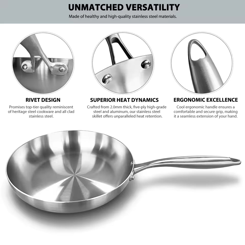 304 Stainless Steel Frying Pan - Non-Stick, Uncoated for Gas & Induction