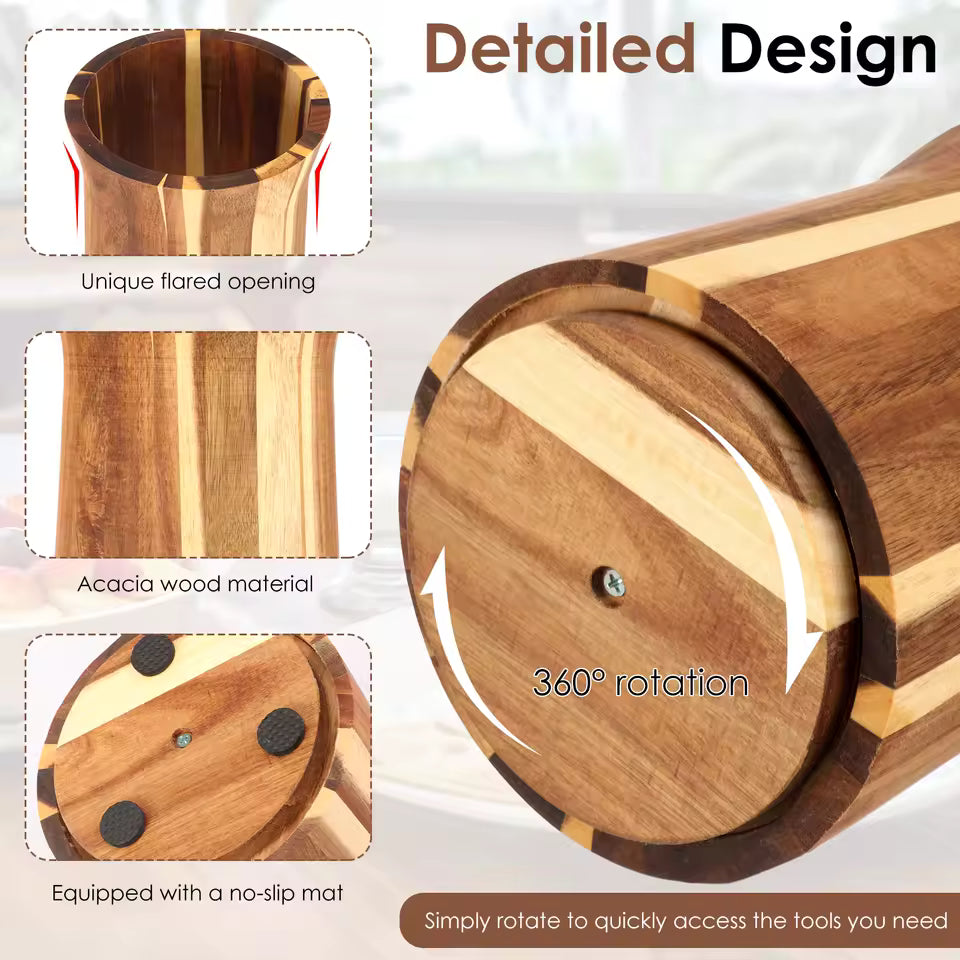360° Rotating Wood Utensil Holder - Nonslip Kitchen Countertop Organizer