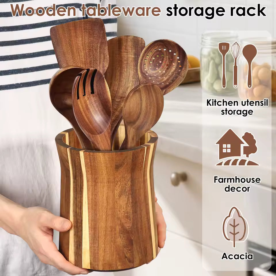 360° Rotating Wood Utensil Holder - Nonslip Kitchen Countertop Organizer