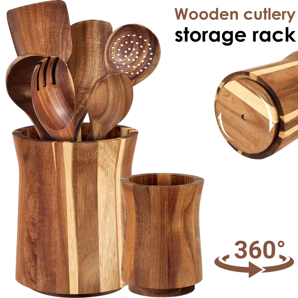 360° Rotating Wood Utensil Holder - Nonslip Kitchen Countertop Organizer