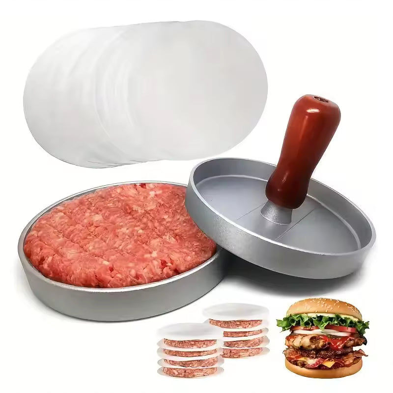 Non-Stick Aluminum Burger Press with 100 Wax Papers - Hamburger Patty Maker