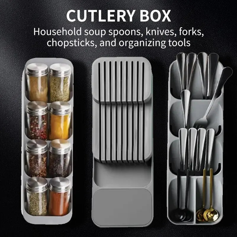 Kitchen Drawer Cutlery Storage Tray - Knife, Spoon & Fork Organizer with Spice Slots