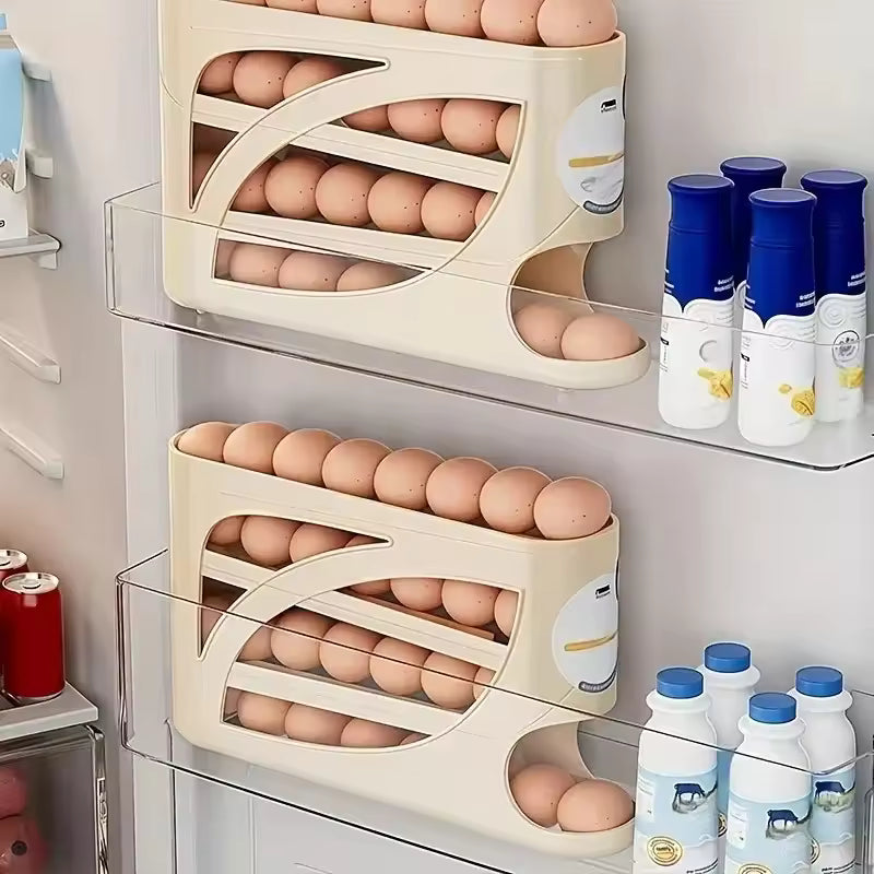 Refrigerator Egg Storage Box - 4-Tier Automatic Rolling Side Door Organizer (28-30 Eggs)