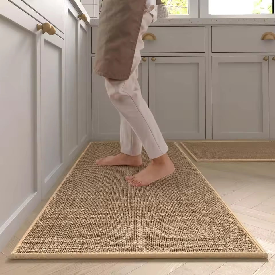 Washable Non-Slip Kitchen Runner Rug - Faux Sisal Woven Mat with Rubber Back