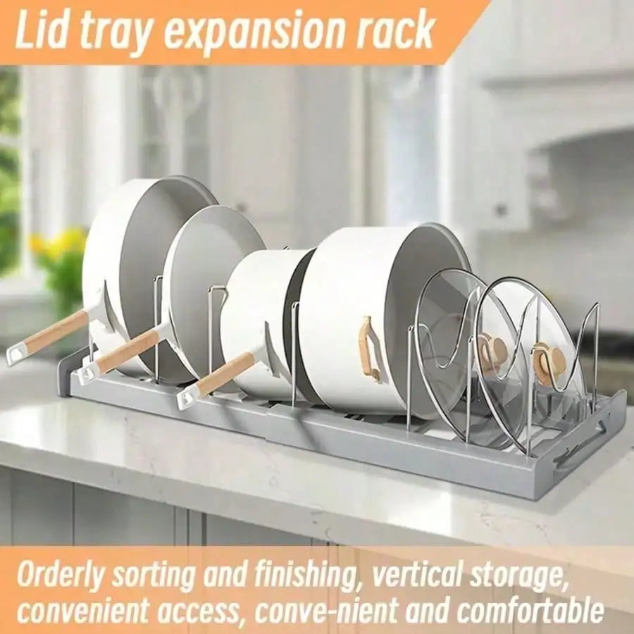 Pull-Out Pot Lid Organizer Rack - Under Cabinet Kitchen Storage, 8 Adjustable Slots