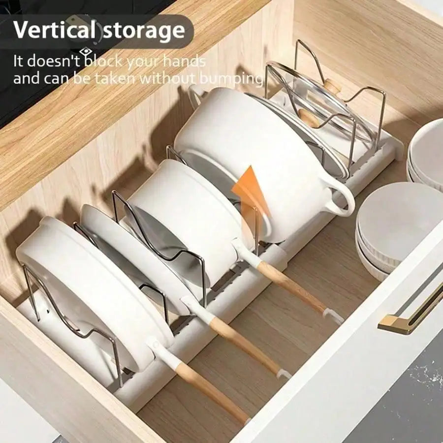 Pull-Out Pot Lid Organizer Rack - Under Cabinet Kitchen Storage, 8 Adjustable Slots